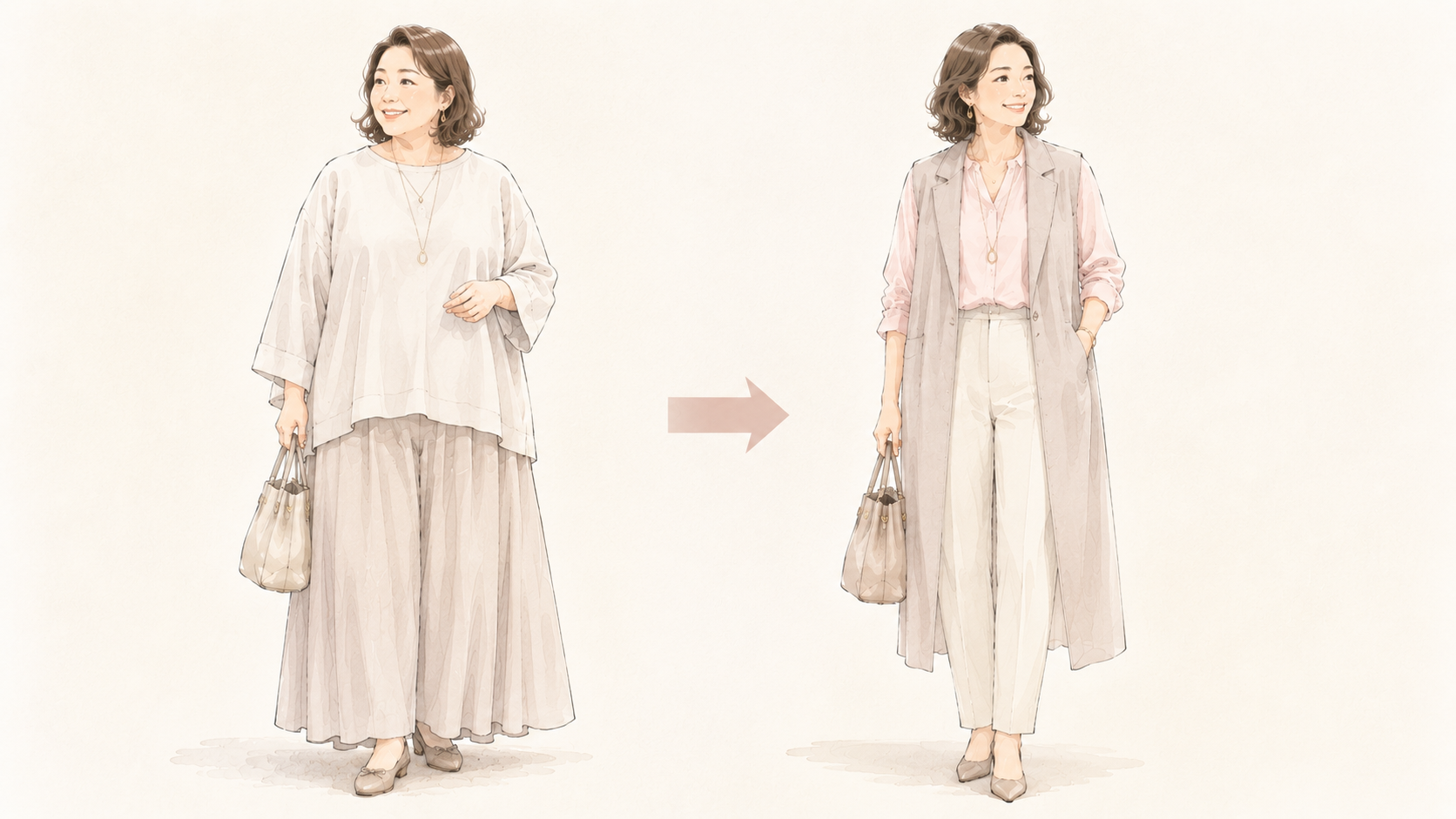 骨格ストレートぽっちゃり 縦のラインで細見えするIラインシルエットの比較
