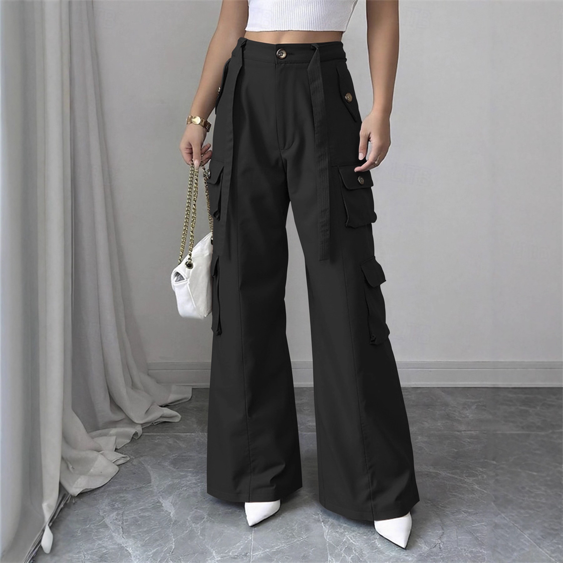 体型カバー 多機能ポケット付きワイドカーゴパンツ