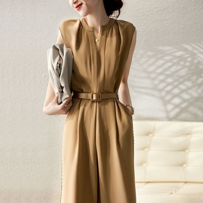 オールインワンコーデ 上品プリーツベルト付きワイドパンツオールインワン