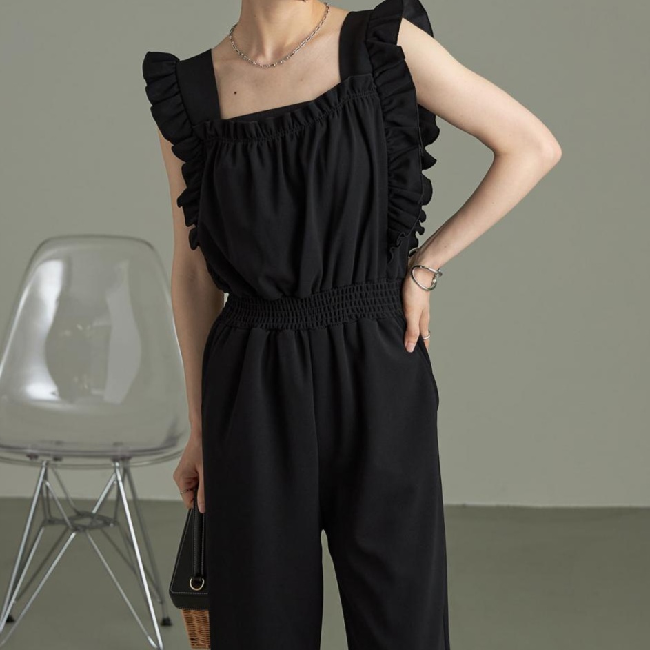 オールインワンコーデ ラッフル肩飾り スクエアネック ジャンプスーツ