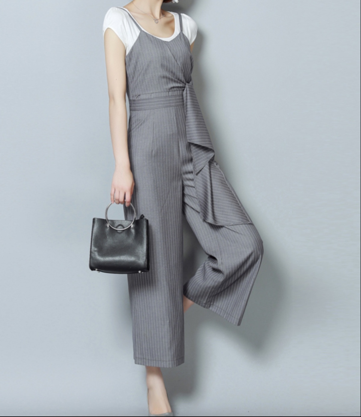 オールインワンコーデ ドレープデザイン ストライプオールインワン