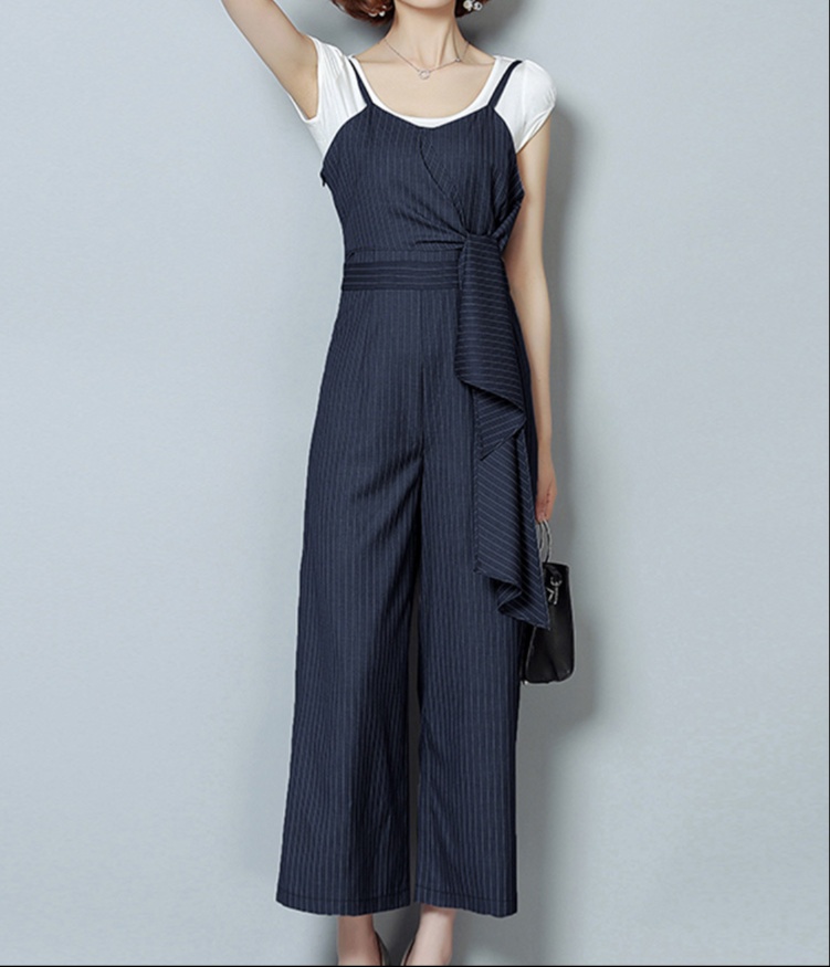 オールインワンコーデ ドレープデザイン ストライプオールインワン