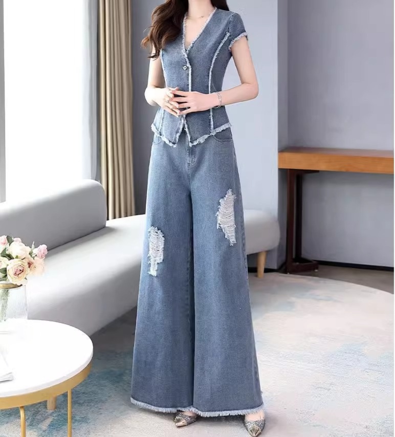 オールインワンコーデ フリンジ加工デニムセットアップ