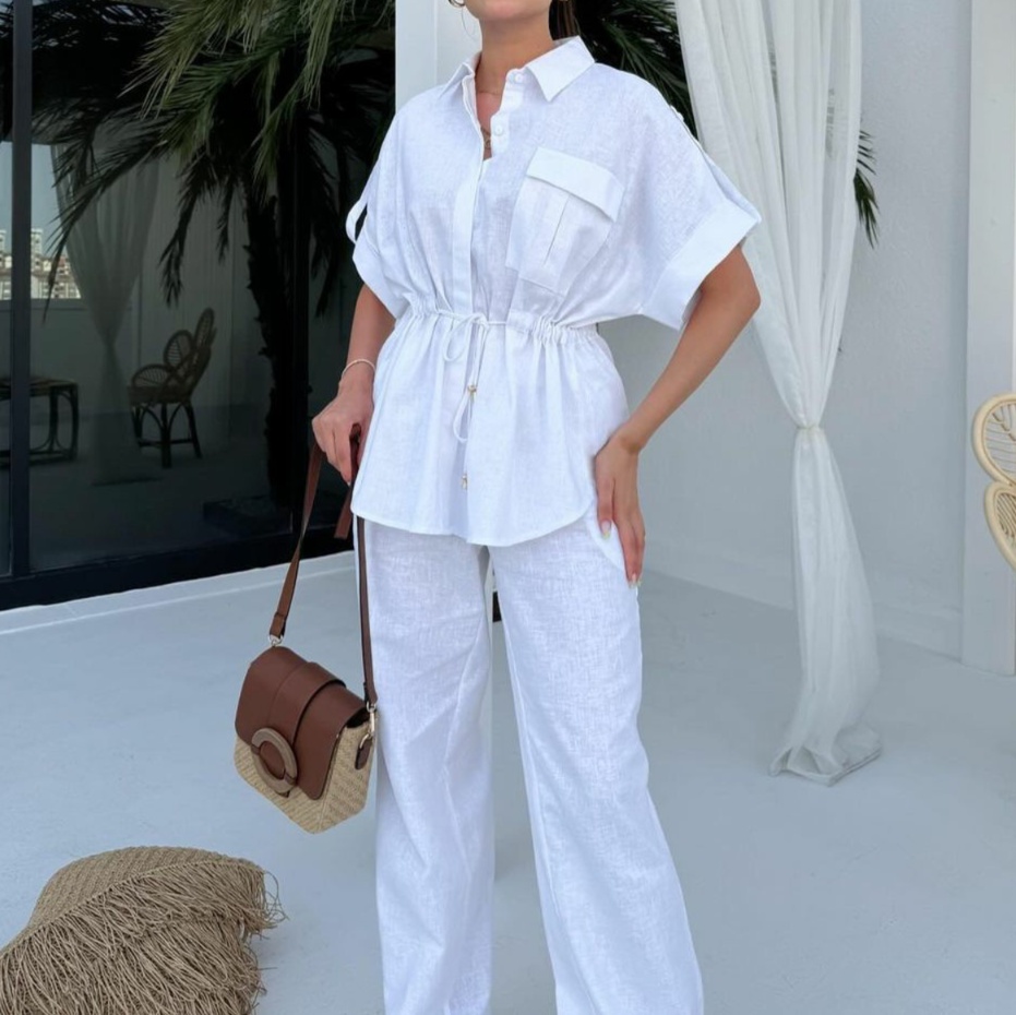 リネン風ウエストマーク半袖シャツパンツセットアップ