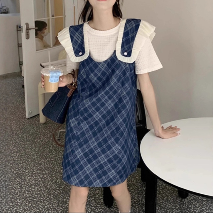 オールインワンコーデ 襟付きフレアオーバーオールスカート