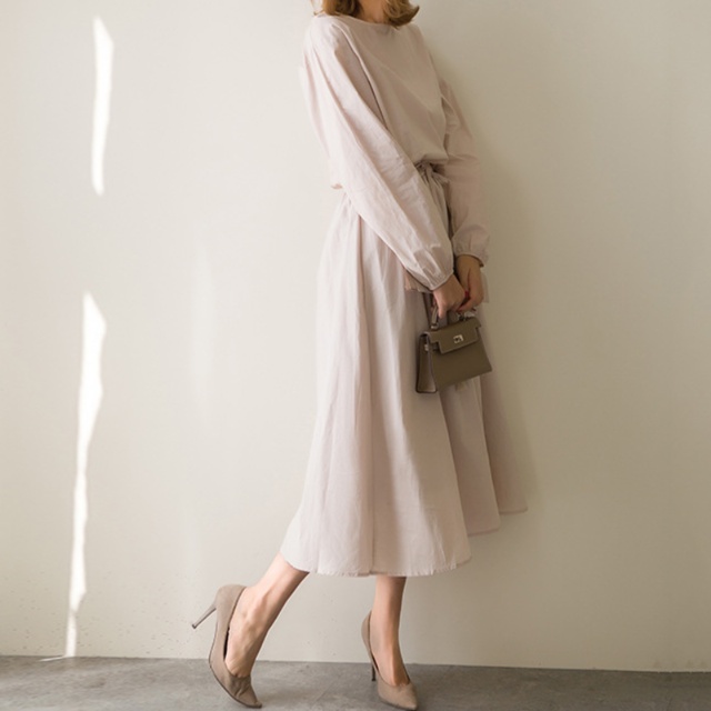 オールインワンコーデ 長袖フレアシルエットウエストリボンワンピース