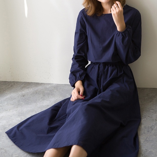 オールインワンコーデ 長袖フレアシルエットウエストリボンワンピース