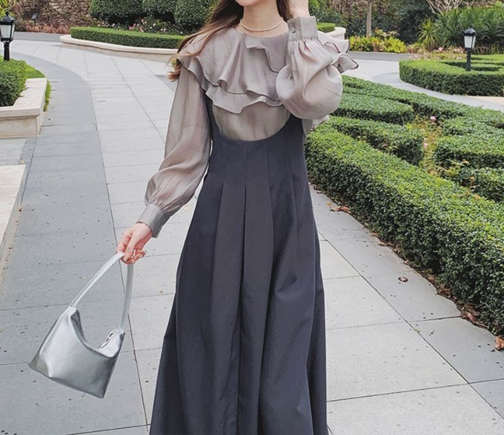 非表示(値段)　オールインワンコーデ 優雅なひらひらブラウス付きサロペット