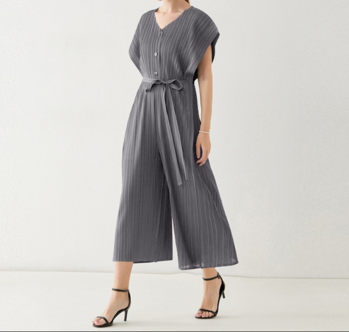 オールインワンコーデ プリーツ加工ベルト付きゆったりオールインワン