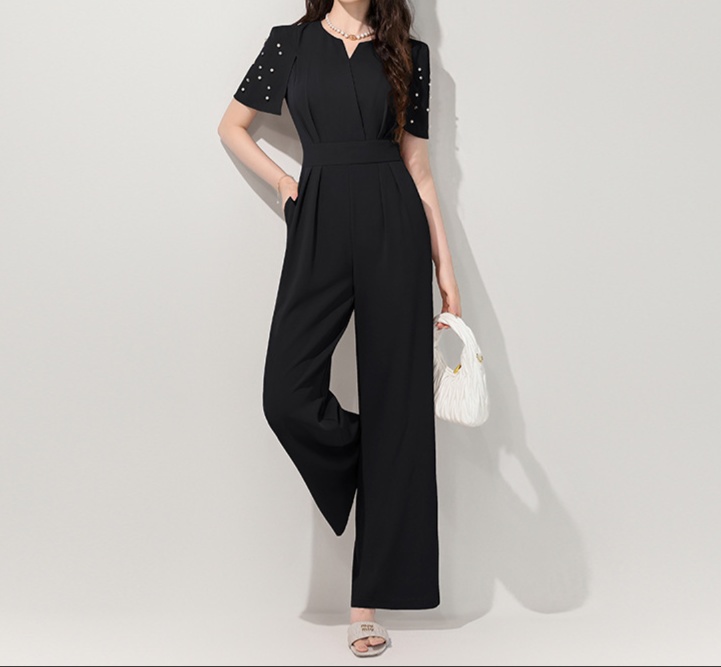 オールインワンコーデ パール装飾エレガントワイドパンツオールインワン