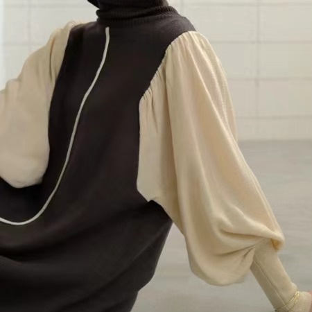 オールインワンコーデ バイカラーロング丈タートルネックワンピース
