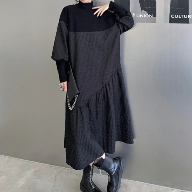 オールインワンコーデ ゆったりシルエット切替フレアワンピース