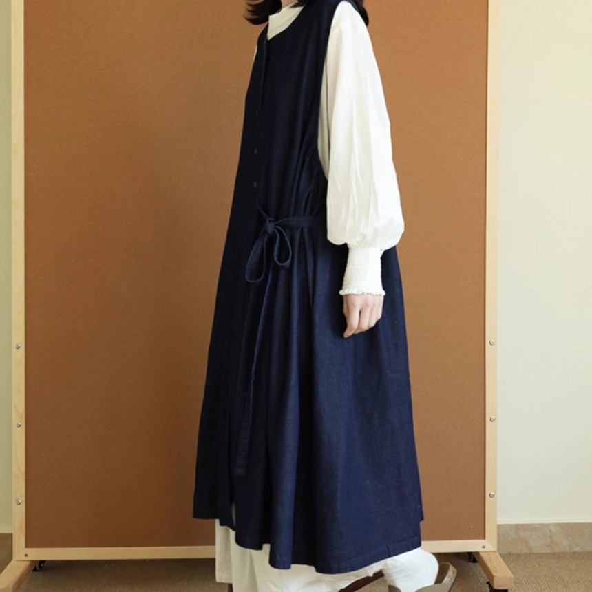 オールインワンコーデ デニム調ジャンパースカート重ね着風ワンピース