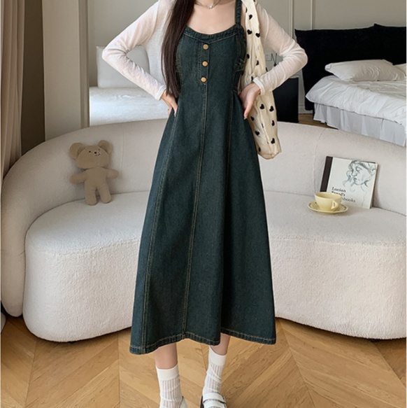 オールインワンコーデ ボタンデザインデニムサロペットワンピース