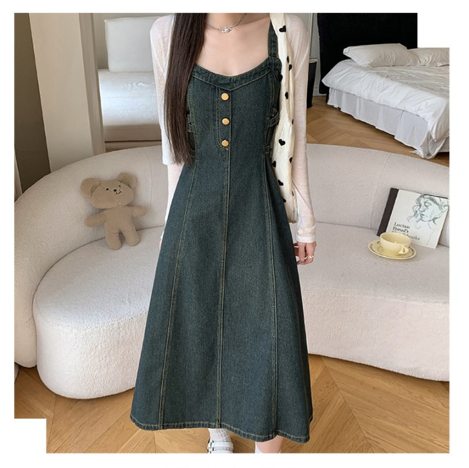 オールインワンコーデ ボタンデザインデニムサロペットワンピース