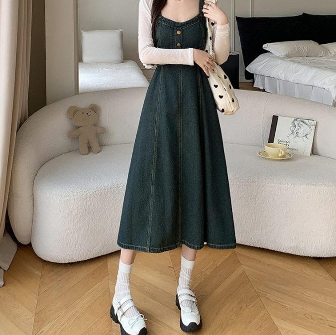 オールインワンコーデ ボタンデザインデニムサロペットワンピース