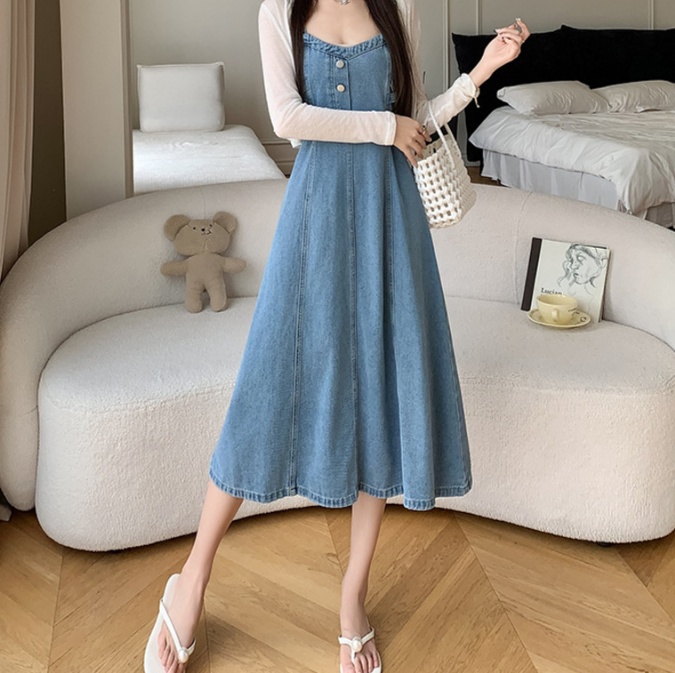 オールインワンコーデ ボタンデザインデニムサロペットワンピース