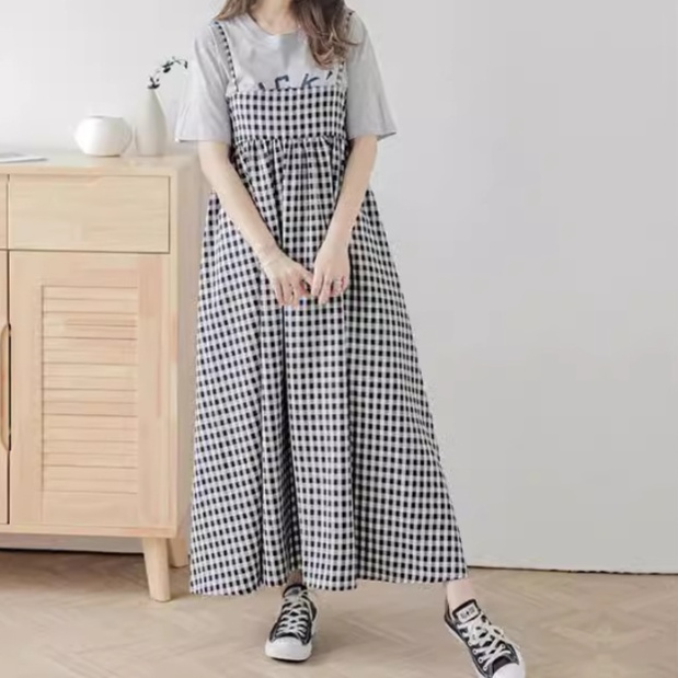 オールインワンコーデ ギンガムチェック柄キャミサロペットワンピース