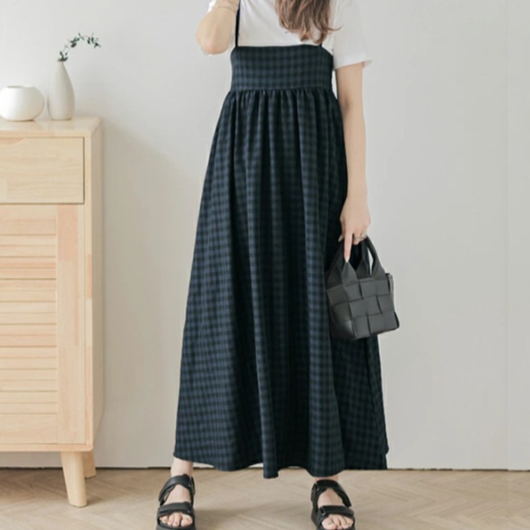 オールインワンコーデ ギンガムチェック柄キャミサロペットワンピース