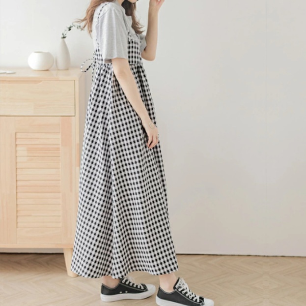 オールインワンコーデ ギンガムチェック柄キャミサロペットワンピース