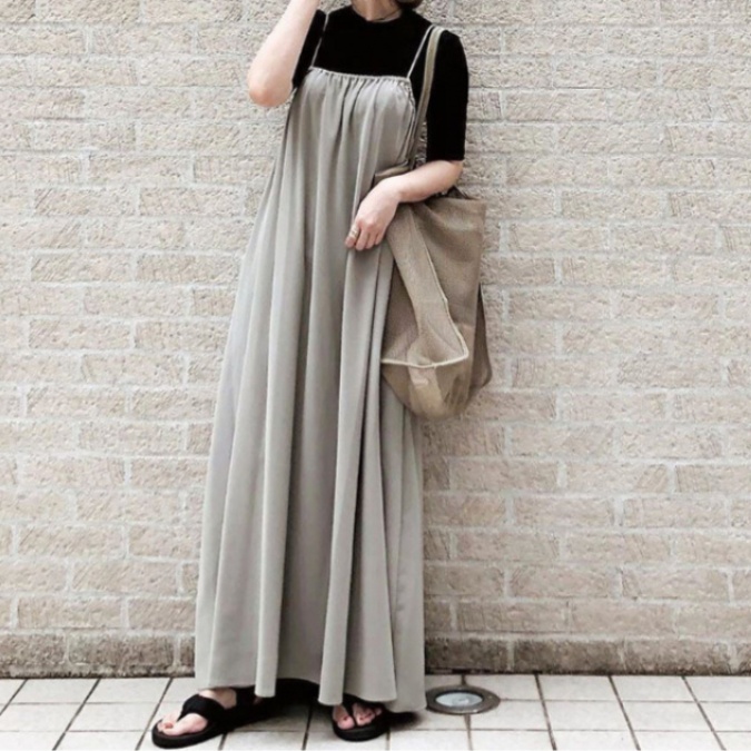 オールインワンコーデ 重ね着風ゆったりシルエットキャミサロペット