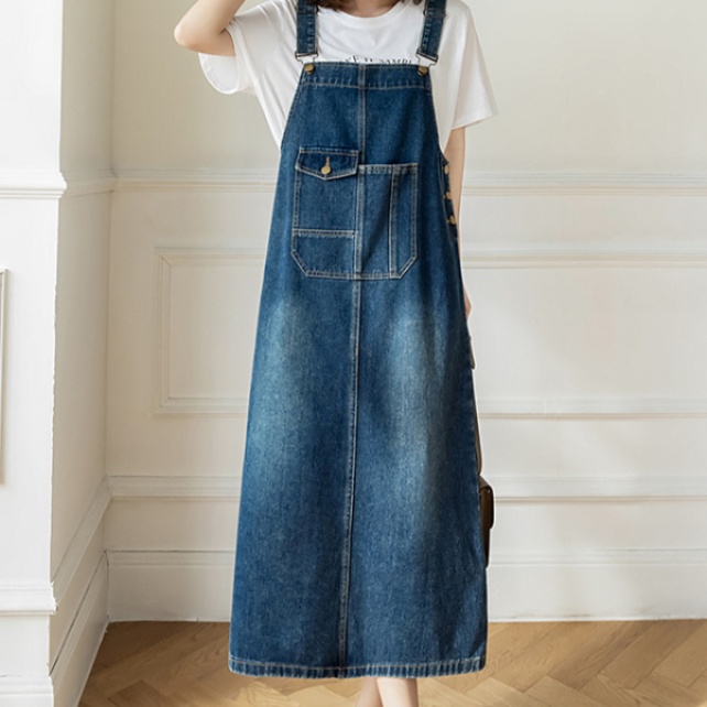オールインワンコーデ 大人カジュアルロング丈デニムサロペットワンピース