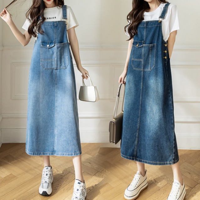 オールインワンコーデ 大人カジュアルロング丈デニムサロペットワンピース
