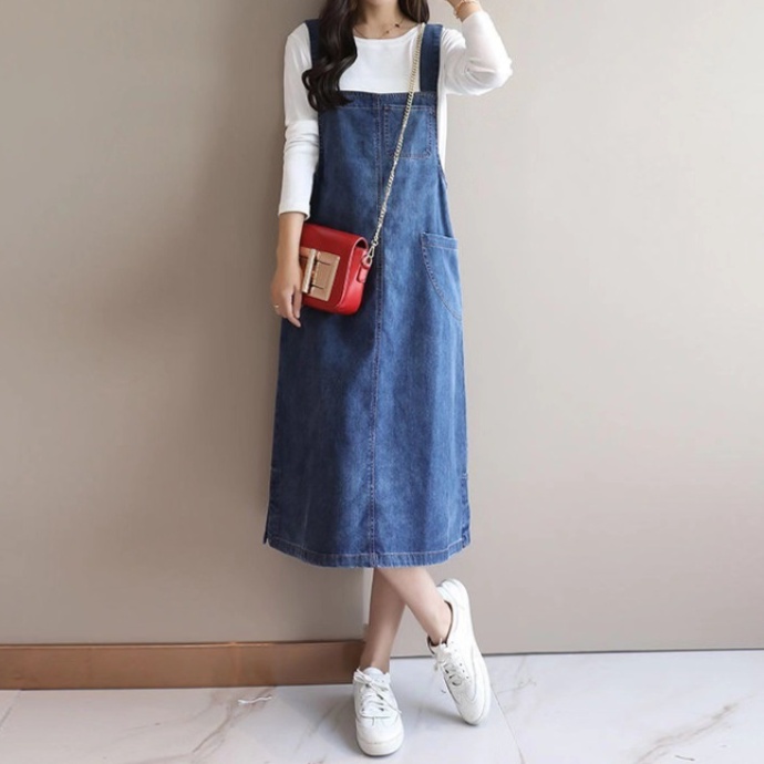 オールインワンコーデ 大人カジュアルなゆったりロング丈デニムサロペット