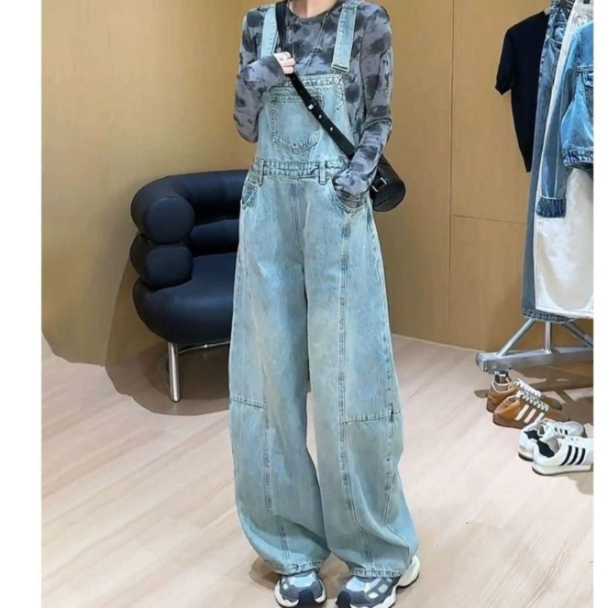 オールインワンコーデ ゆったりワイドシルエットデニムサロペット