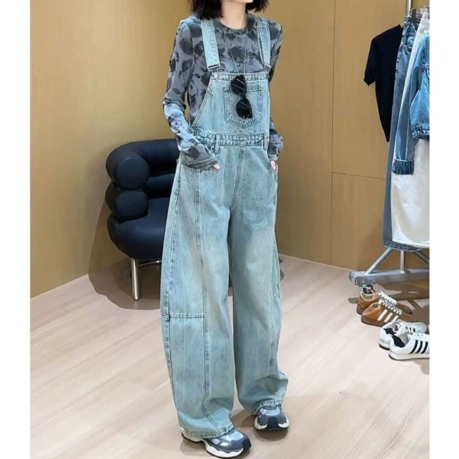 オールインワンコーデ ゆったりワイドシルエットデニムサロペット