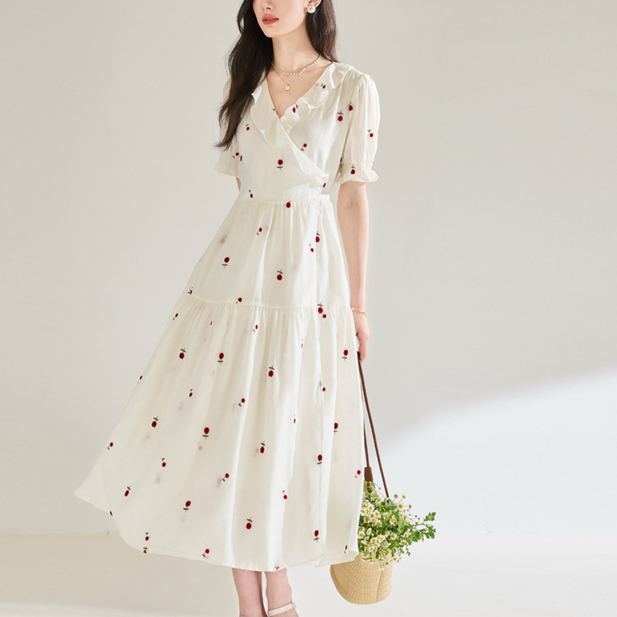 マタニティワンピース さくらんぼ刺繍の襟付きフレア授乳ワンピース