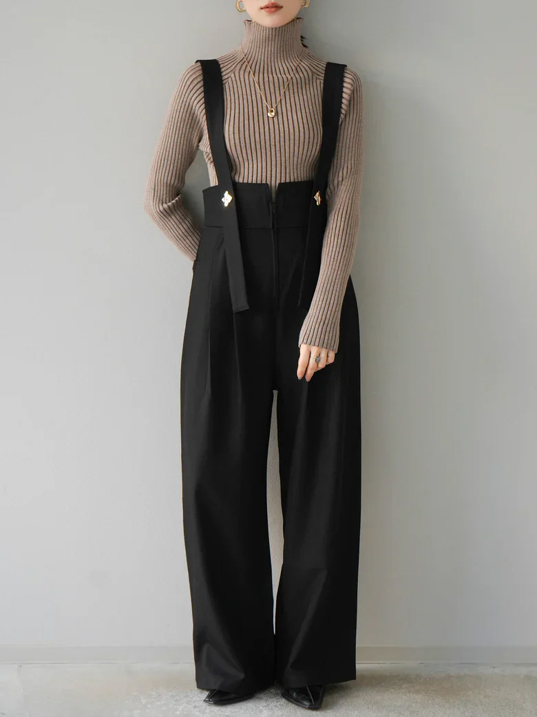 オールインワンコーデ ハイウエストワイドパンツサロペット