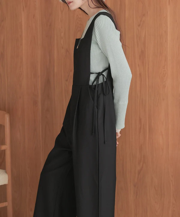 オールインワンコーデ スクエアネック ワイドパンツサロペット