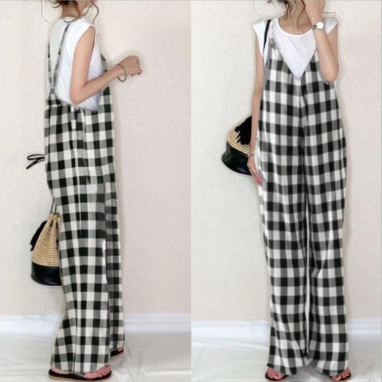 オールインワンコーデ 大人カジュアルギンガムチェック柄キャミサロペット