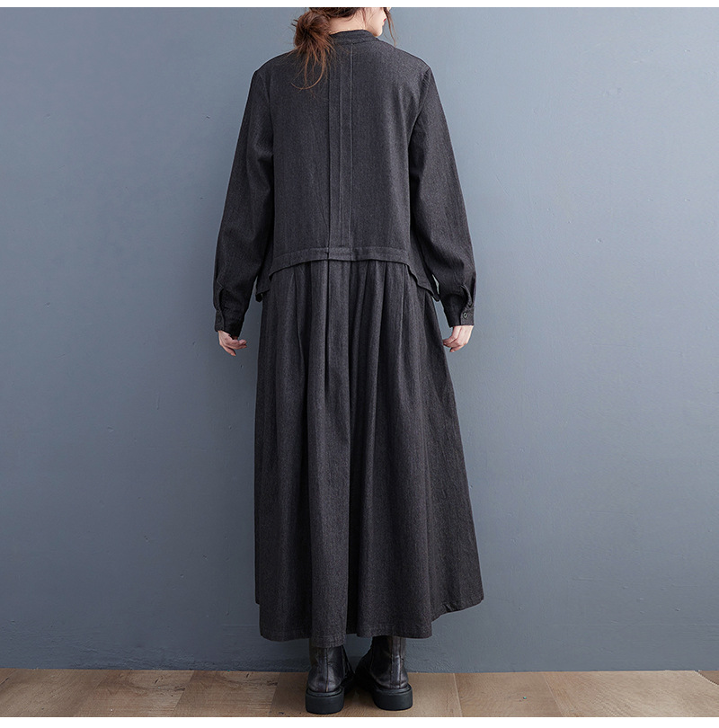 オールインワンコーデ デニム風ティアード切替長袖ワンピース