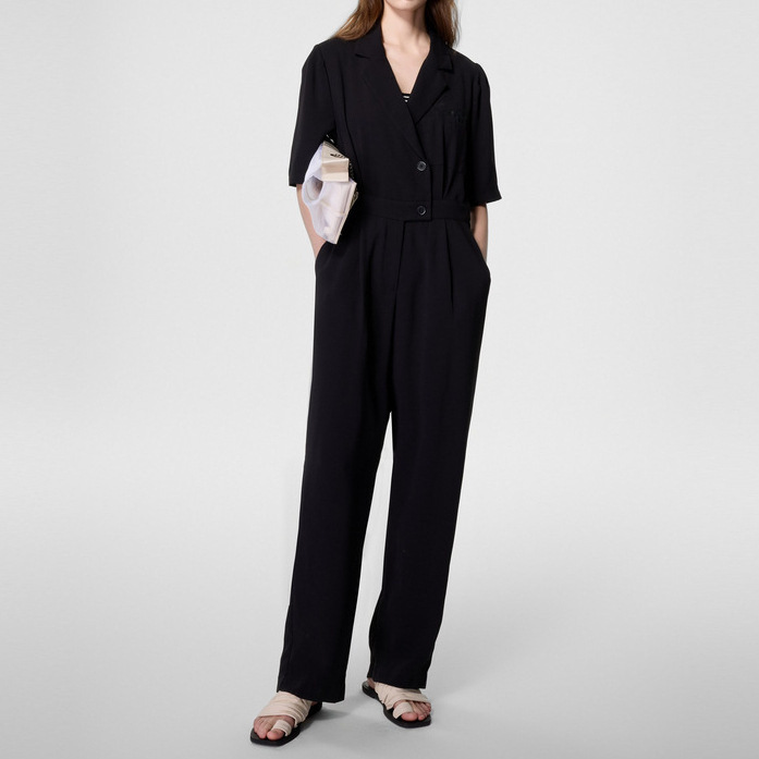 オールインワンコーデ 半袖ラペル襟ゆったりオールインワン