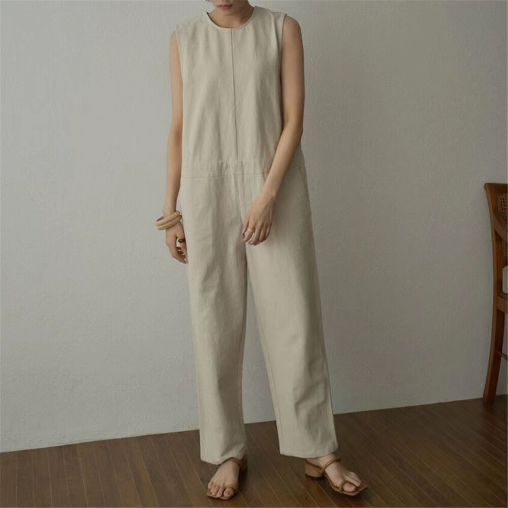 オールインワンコーデ ゆったりシルエット麻混ジャンプスーツ