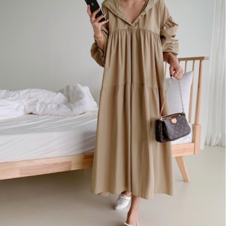 オールインワンコーデ フード付きゆったりティアードワンピース