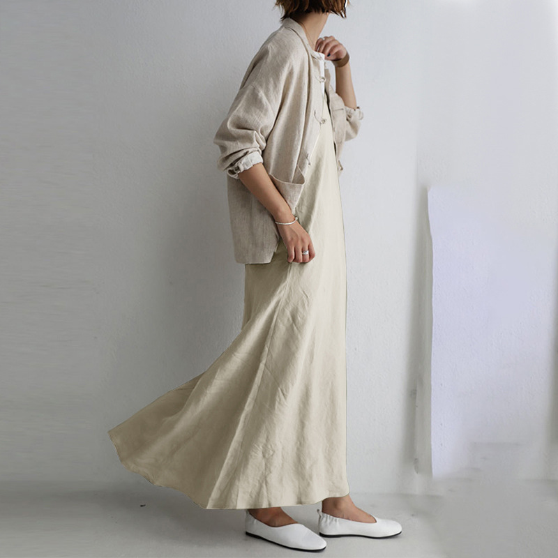 オールインワンコーデ 重ね着風リネン調キャミサロペット長袖付き