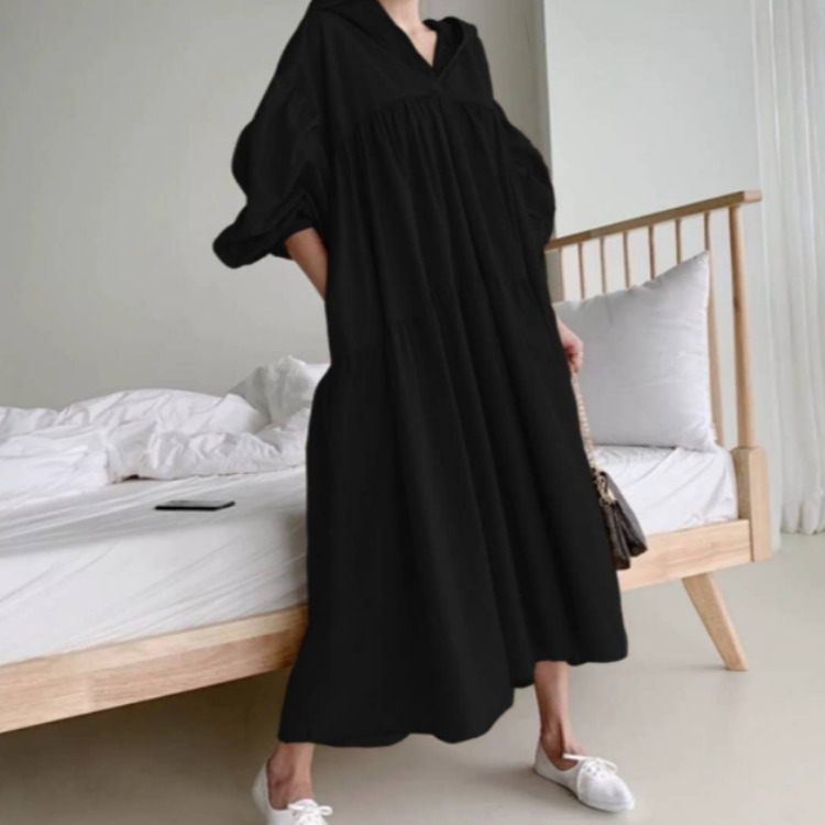 オールインワンコーデ フード付きゆったりティアードワンピース