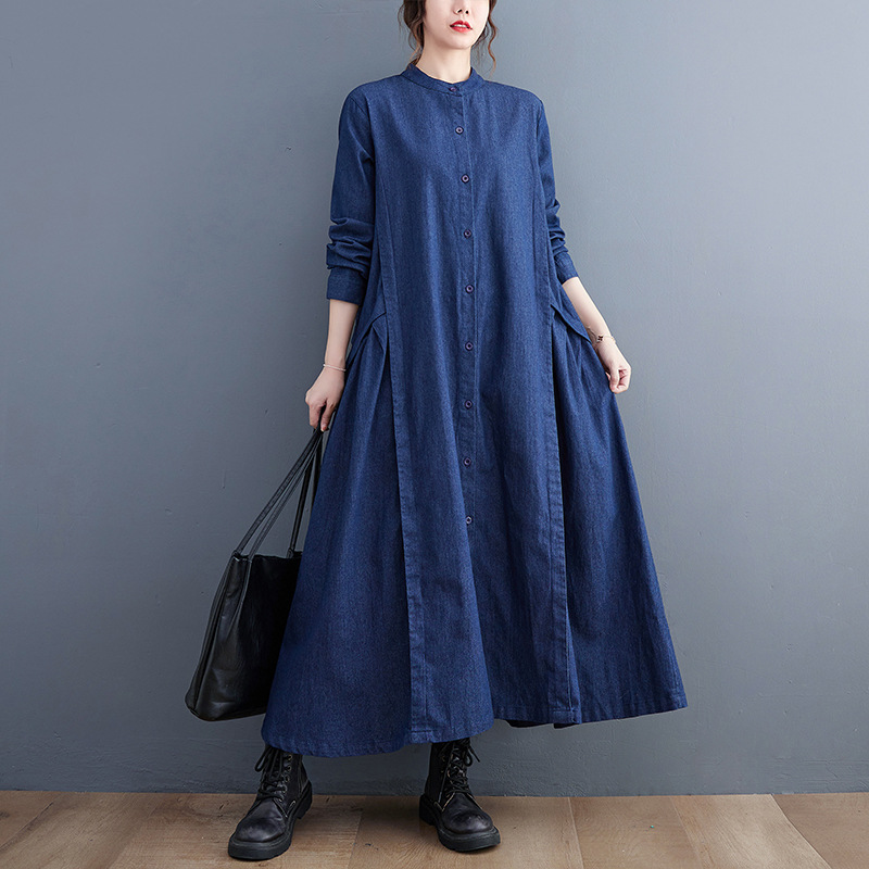 オールインワンコーデ デニム風ティアード切替長袖ワンピース