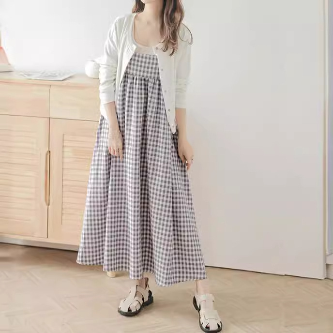 オールインワンコーデ ギンガムチェック柄キャミサロペットワンピース