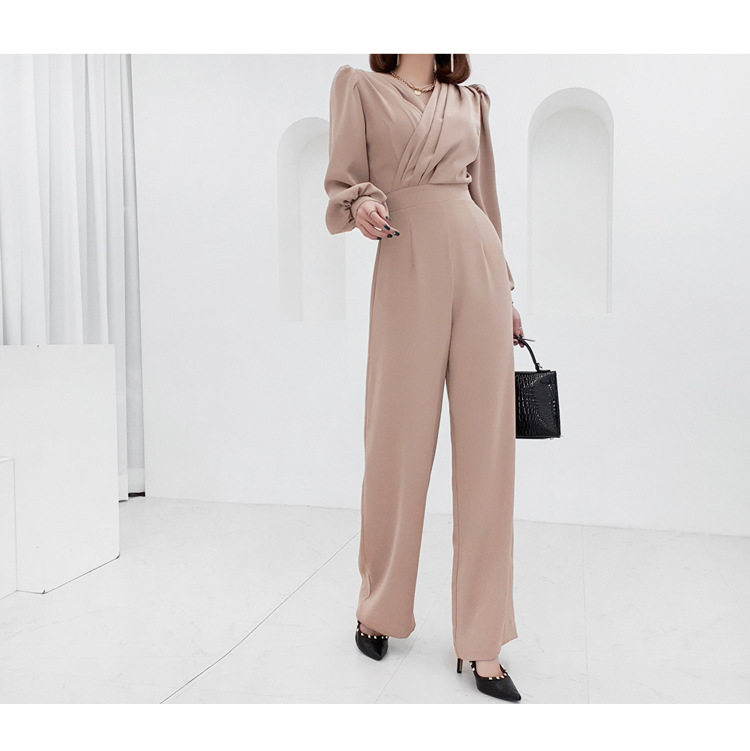 オールインワンコーデ エレガントな長袖ワイドパンツオールインワン