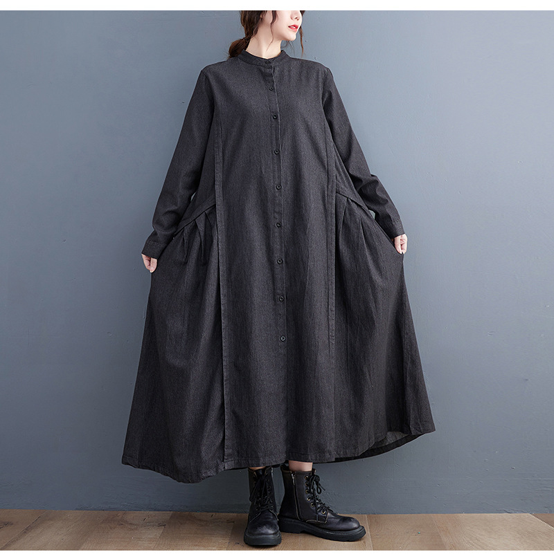 オールインワンコーデ デニム風ティアード切替長袖ワンピース