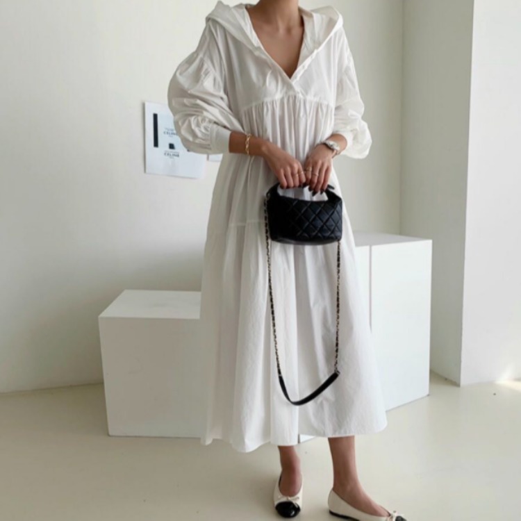 オールインワンコーデ フード付きゆったりティアードワンピース