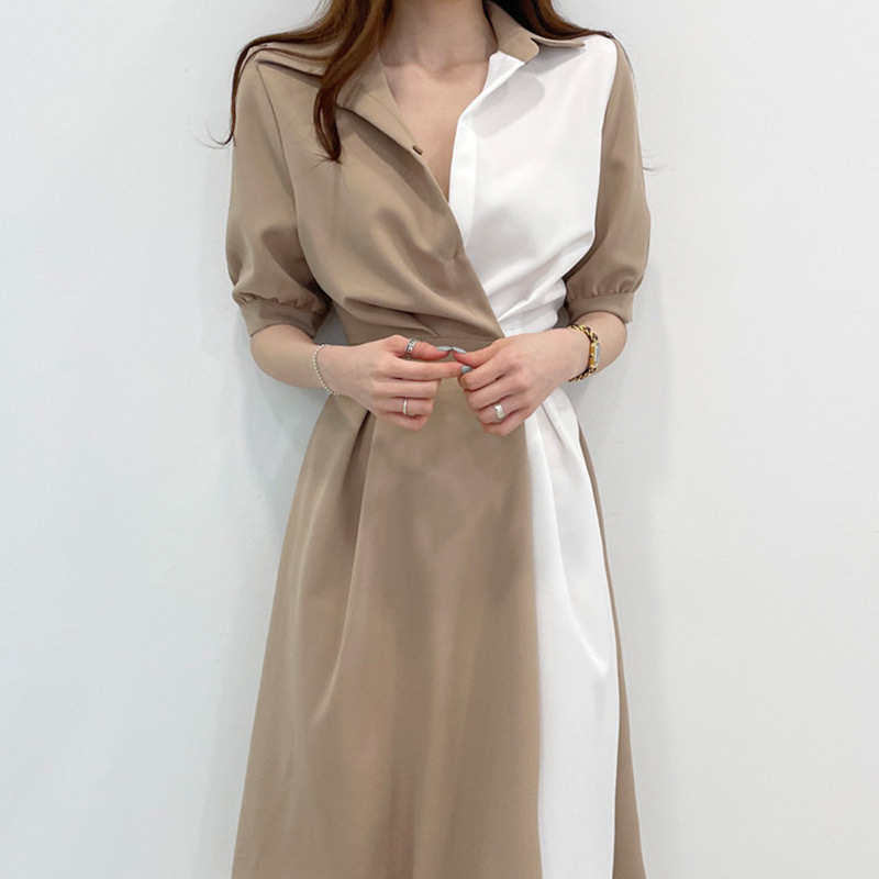 オールインワンコーデ 配色切り替えフレア襟付きワンピース