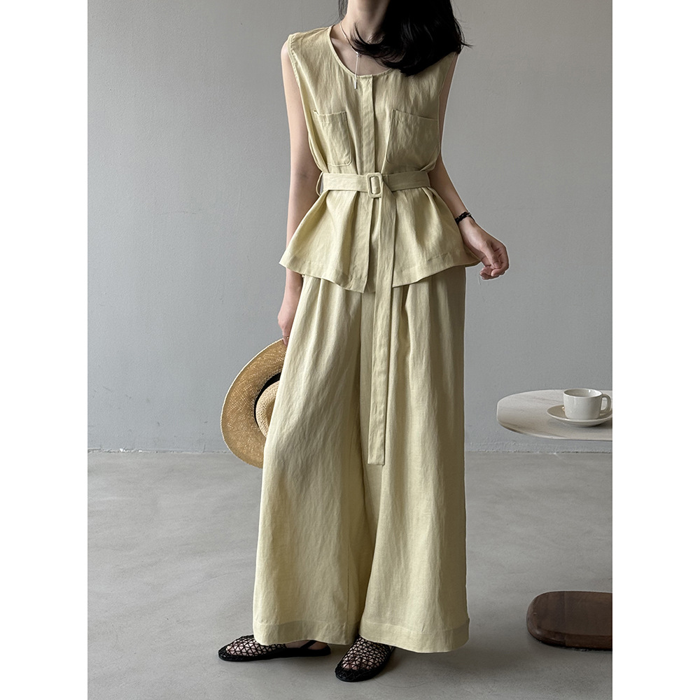 オールインワンコーデ リネン素材ベルト付きワイドパンツセット