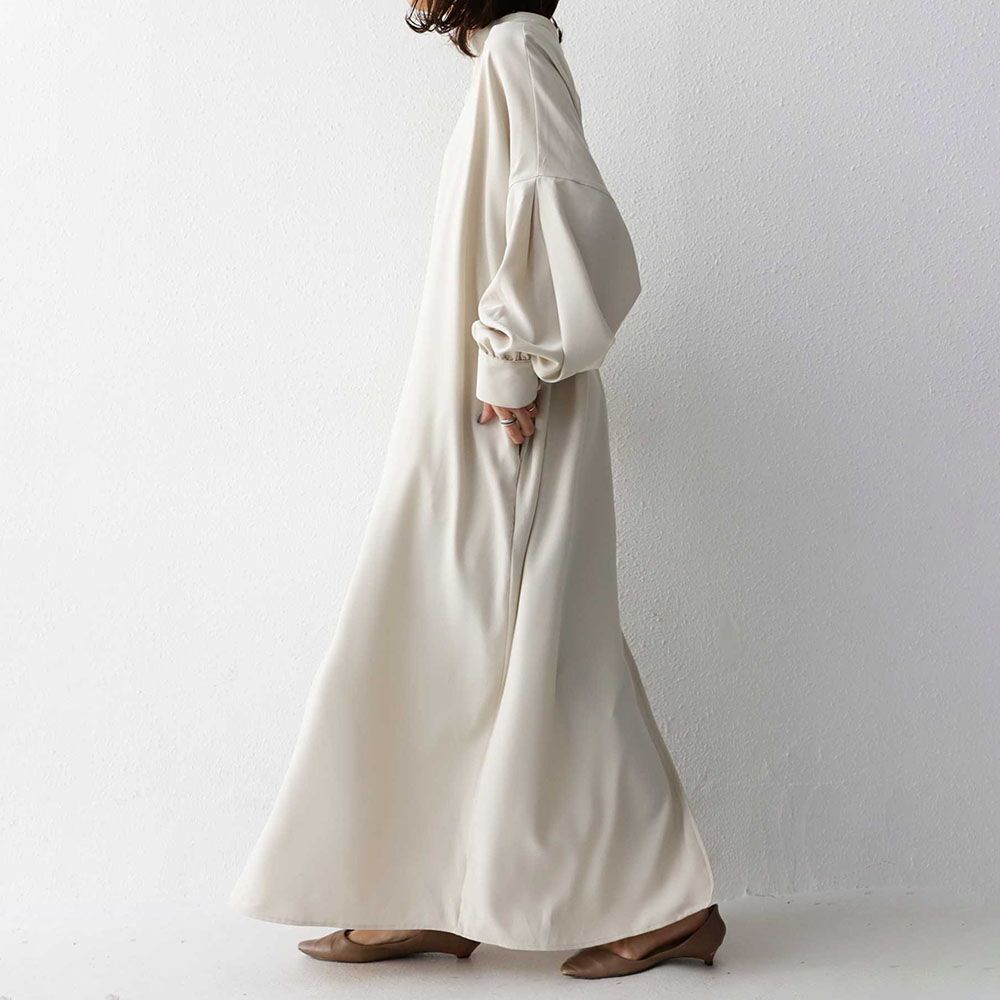 オールインワンコーデ 後ろボタンバルーン袖ドロストワンピース