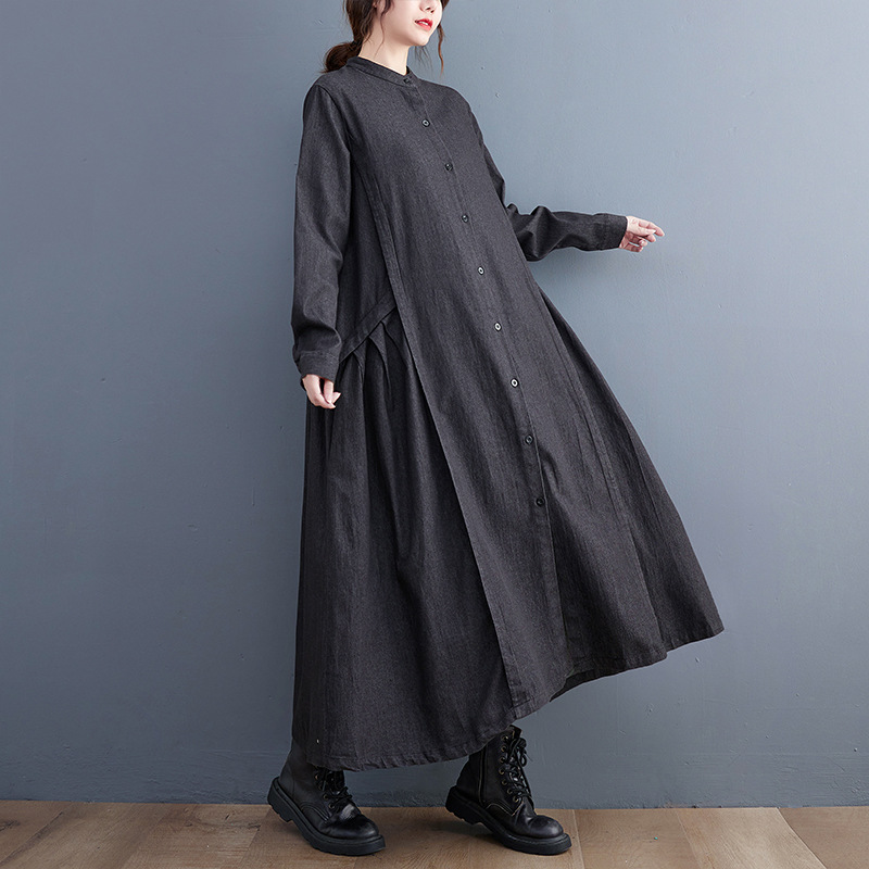 オールインワンコーデ デニム風ティアード切替長袖ワンピース