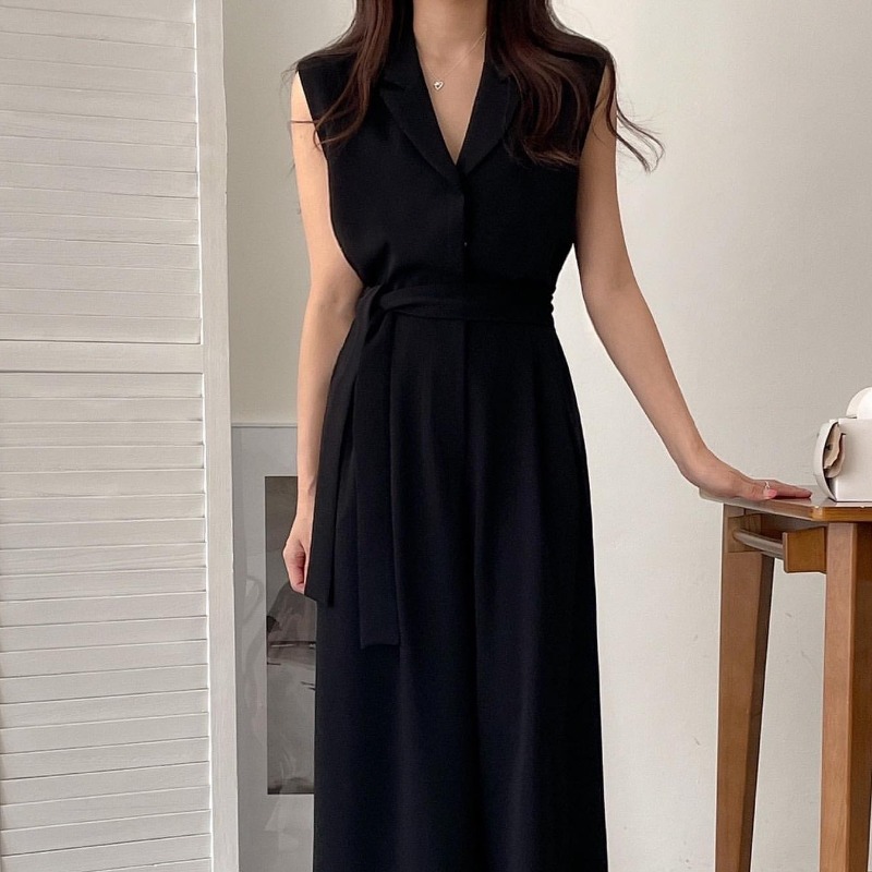 オールインワンコーデ ノースリーブラペルオールインワン